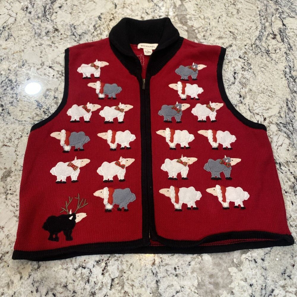 Bechamel Vintage Red Sheep Sweater Vest‎ Cardigan Full Zip Christmas Womens Sz L
